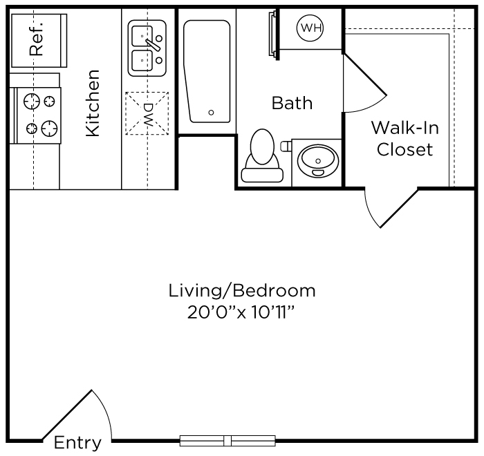 Floor plan for studio, 1 bath, 360 sqft